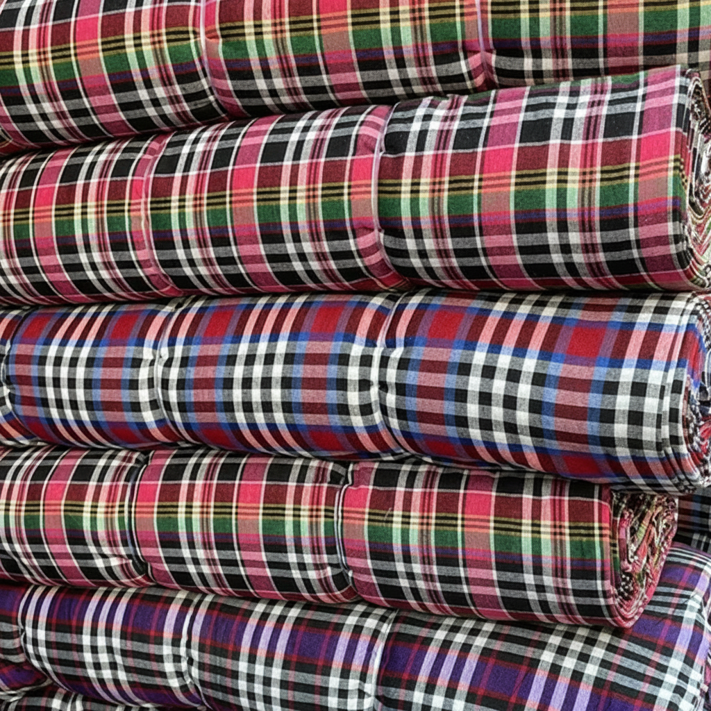 High-quality plaid fabric and checks matress fabric in various colors. As a leading textile cloth supplier, we offer indian textile cloth, cotton polyster blend fabric, and powerloom fabric. Ideal for industrial use, including cotton industrial fabric, majarpat, and woven interlining fabric