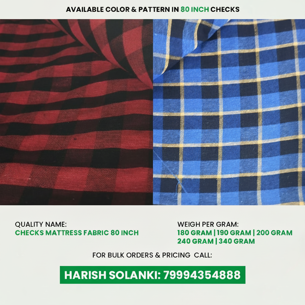 Two types of checkered fabric with product details and contact information.
High-quality plaid fabric and checks matress fabric in various colors. As a leading textile cloth supplier, we offer indian textile cloth, cotton polyster blend fabric, and powerloom fabric. Ideal for industrial use, including cotton industrial fabric, majarpat, and woven interlining fabric.