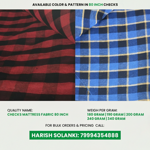 Two types of checkered fabric with product details and contact information.
High-quality plaid fabric and checks matress fabric in various colors. As a leading textile cloth supplier, we offer indian textile cloth, cotton polyster blend fabric, and powerloom fabric. Ideal for industrial use, including cotton industrial fabric, majarpat, and woven interlining fabric.