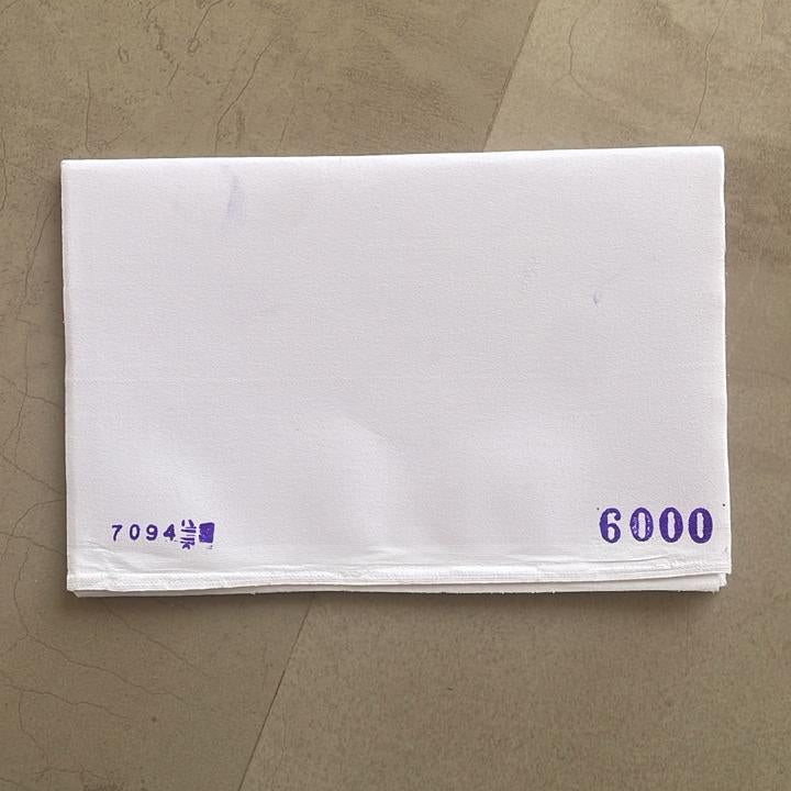 Quality 6000 – ₹29/meter | 44 GSM – Medium Bleached Bakram Slightly heavier than Quality 5000, this peroxide bleached interlining delivers enhanced body and structure for collars, plackets, and ethnic wear construction. Preferred by manufacturers who need a firmer hand feel while maintaining fabric drape. Available in fusible and non-fusible options. Width: 48 inches.