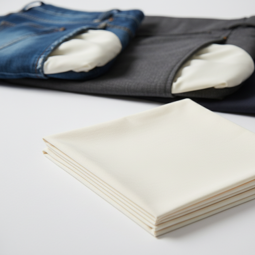Durable pocketing fabric in a 50/50 cotton polyster blend fabric. This 60-inch plain weave fabric features an anti-fray finish, ideal for trouser and jacket pocket bags. High-quality cotton blend material available in off-white and black.